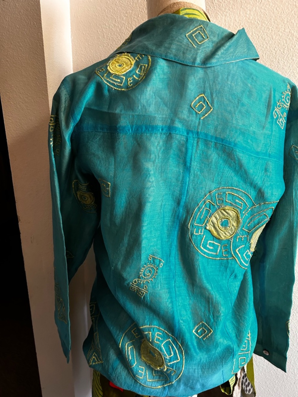 Chico's Turquoise & Lime Embroidered Button-Front Blouse - Picture 3 of 4